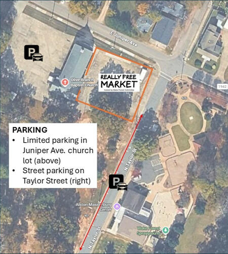 Olive Branch Baptist Church parking lot and grounds for WF Really Free Market Aerial view of Olive Branch Baptist Church parking lot and grounds at 326 East Juniper Avenue in Wake Forest North Carolina